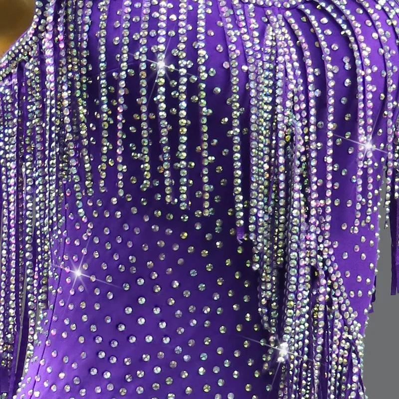Purple Rhinestone Tassel Latin Dance Dress with Accessories Set — Premium Competition