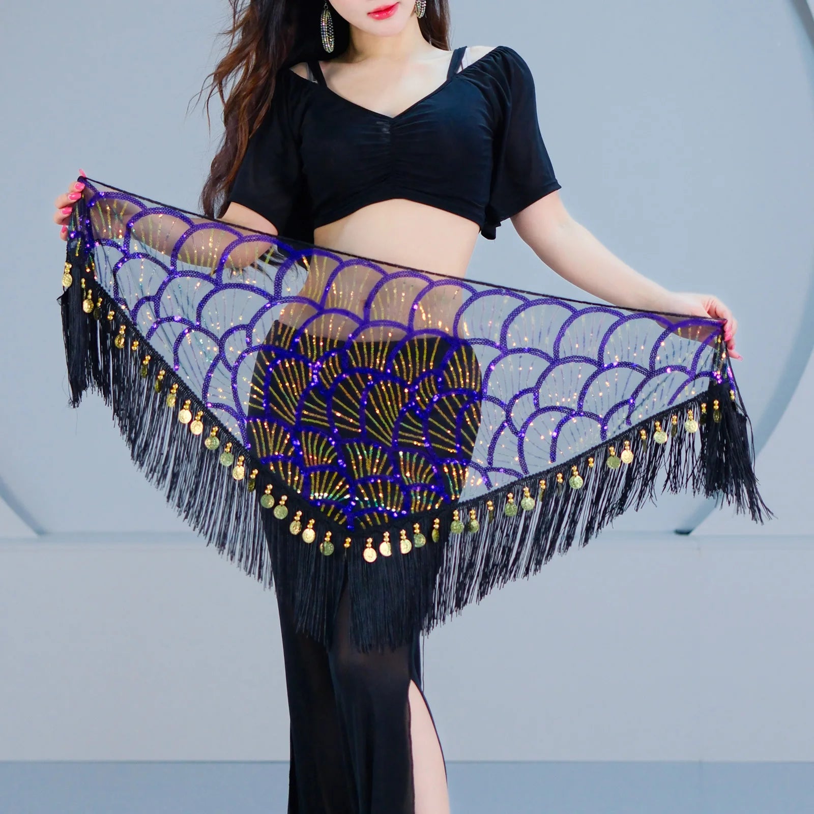 Belly Dance Hip Scarf | Sequin Fringe | Gold Coins