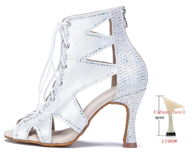 Rhinestone Lace-Up Latin Dance Booties | Black, Red, White & Nude | 6–9cm Heel
