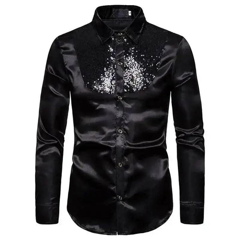 Men's Satin Sequin Shirt | Sequin Collar Panel | Stage