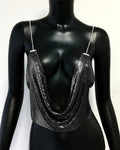 Metallic Sequin Halter Crop Top - Backless Deep V-Neck