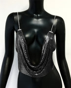 Metallic Sequin Halter Crop Top - Backless Deep V-Neck