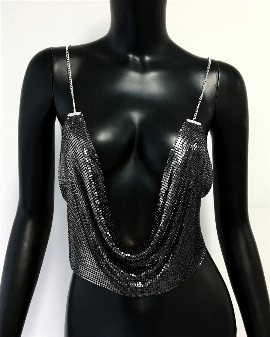 Metallic Sequin Halter Crop Top - Backless Deep V-Neck