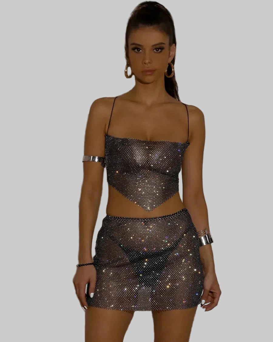 Rhinestone Crop Top & Mini Skirt Set - Sparkly 2-Piece Rave Outfit