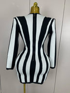 Stripe Long-Sleeve Bandage Mini Dress | Spiral Bust | Black & White