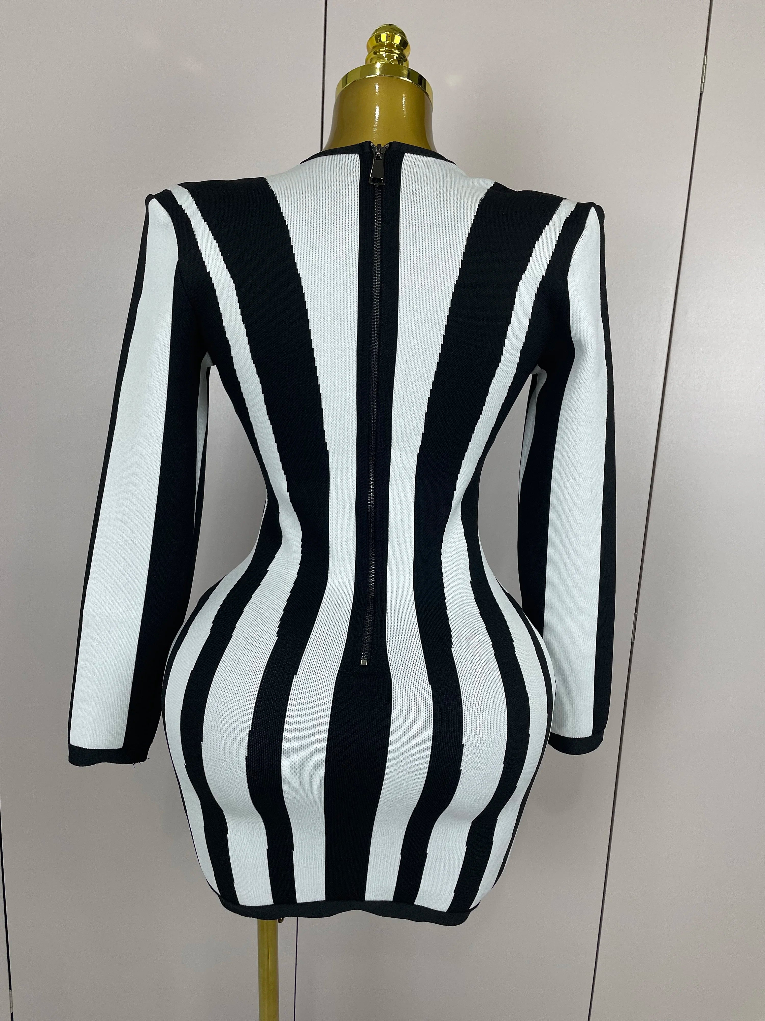 Stripe Long-Sleeve Bandage Mini Dress | Spiral Bust | Black & White