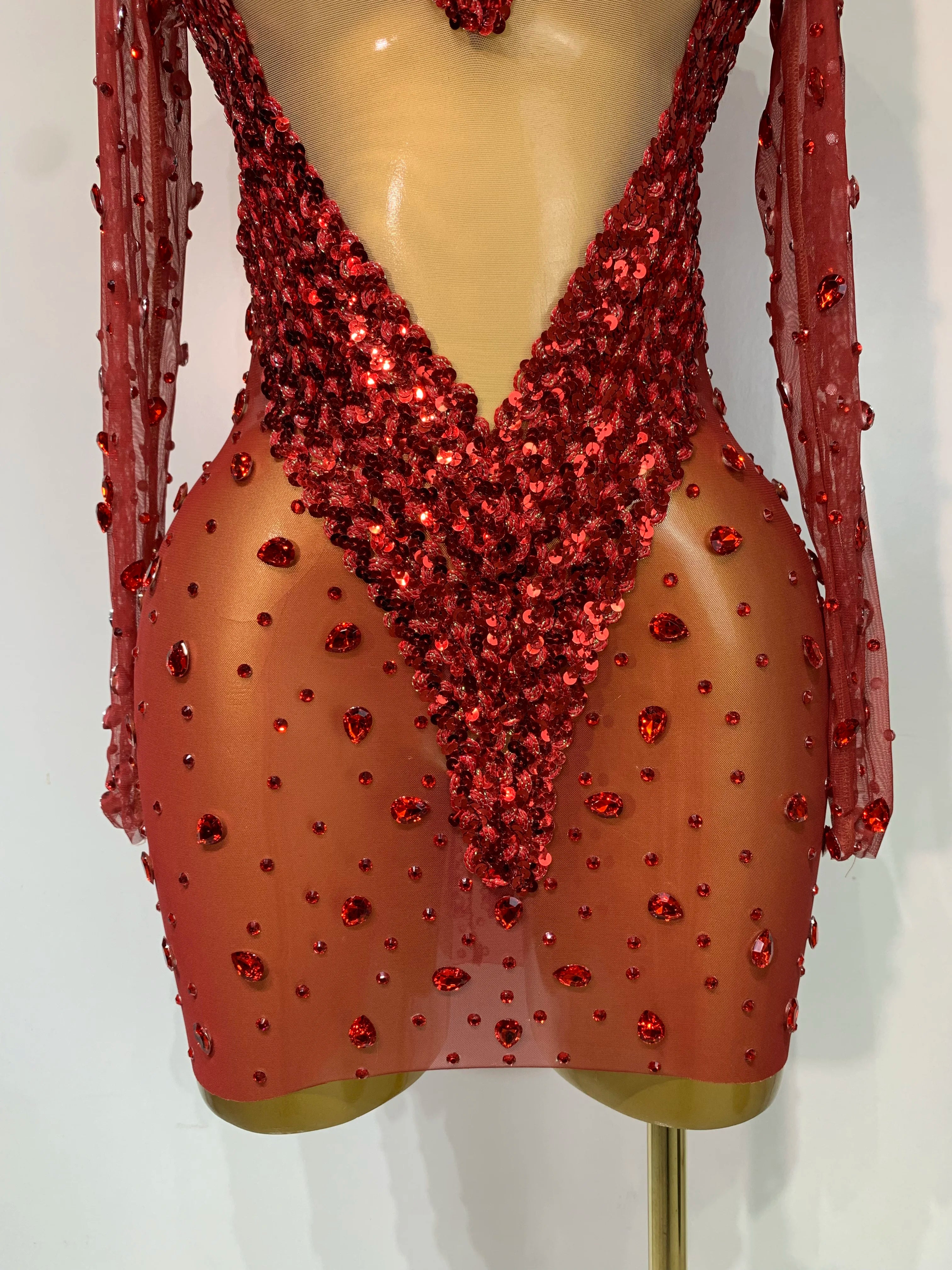 See Through Mesh Rhinestone Mini Dress