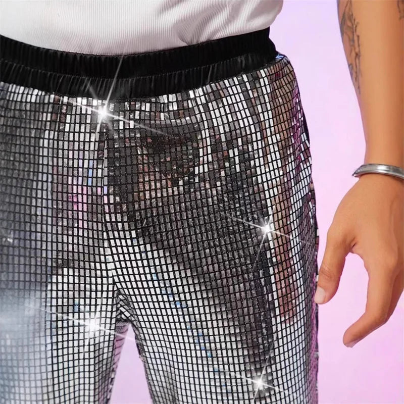 Men's Sequin Flare Pants | Elastic Waist | Stage & Party