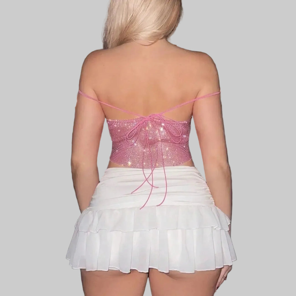 Rhinestone Flower Mesh Bandage Crop Top - Sheer Backless Tank