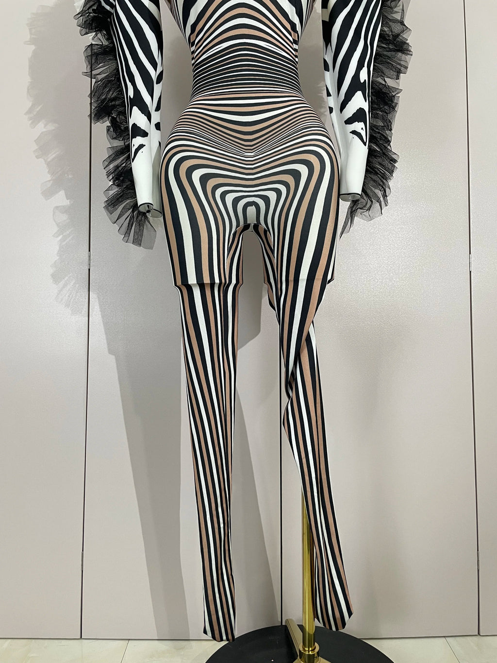 Zebra Stripe Stage Jumpsuit | Feather Trim | S–XL