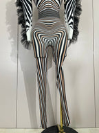 Zebra Stripe Stage Jumpsuit | Feather Trim | S–XL