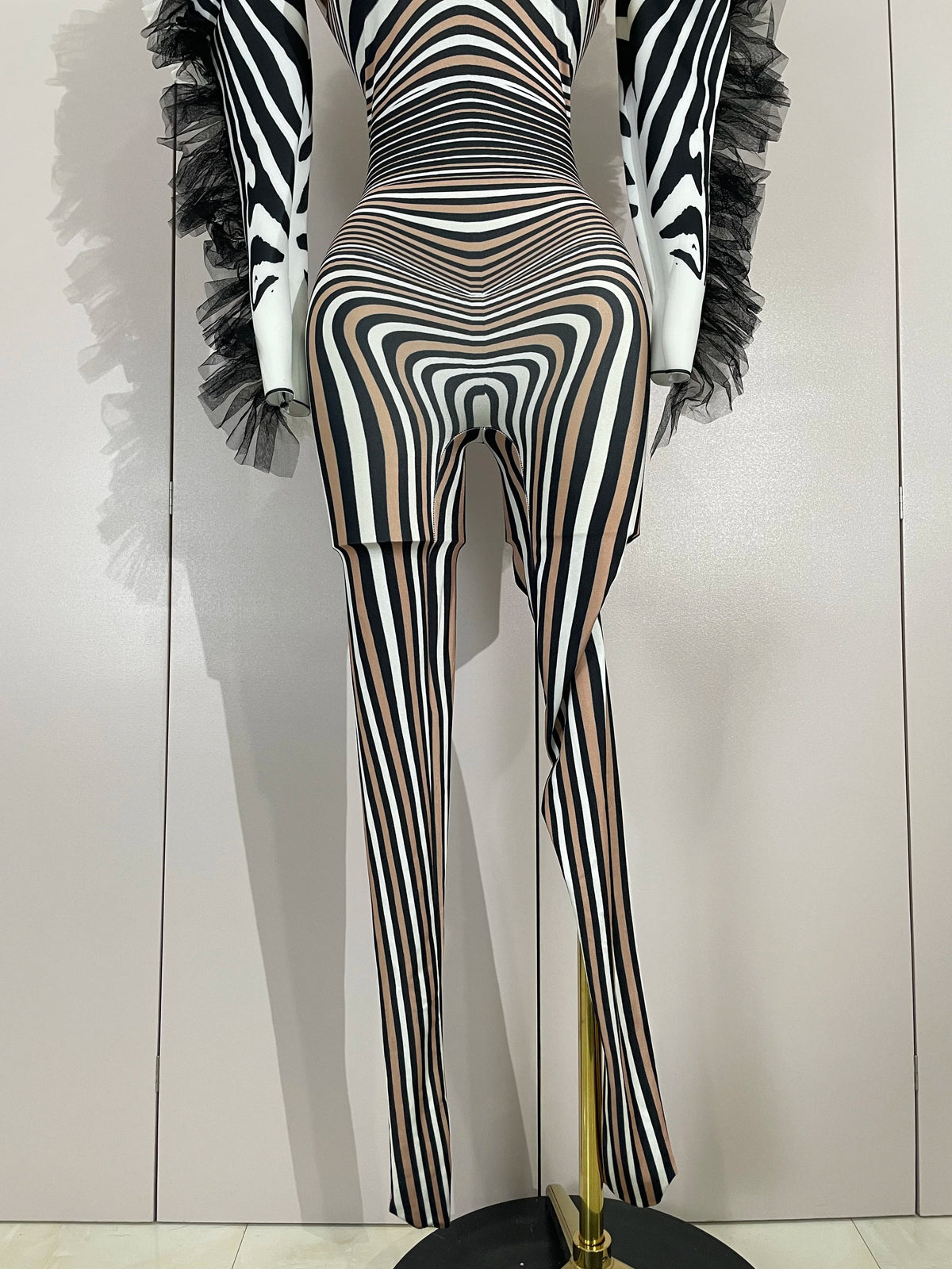 Zebra Stripe Stage Jumpsuit | Feather Trim | S–XL