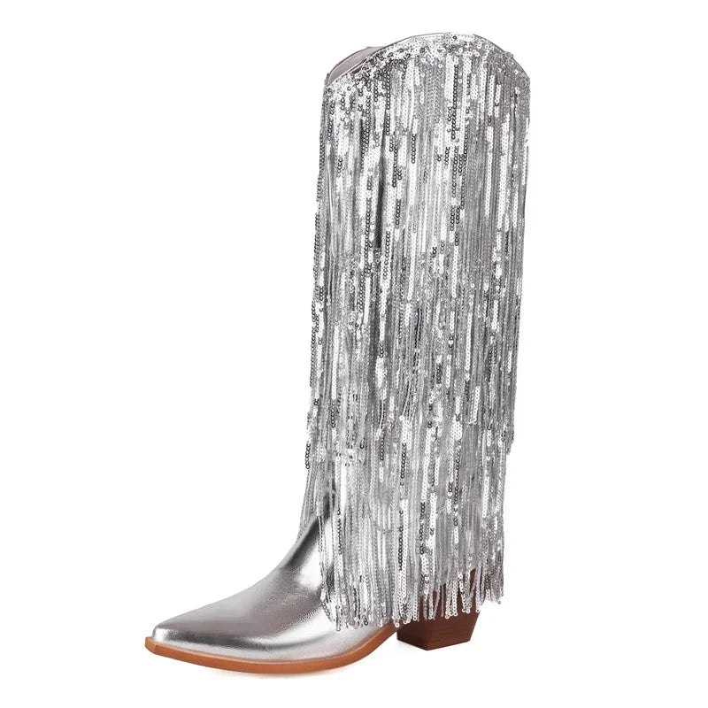 Knee-High Western Boots | Metallic Fringe