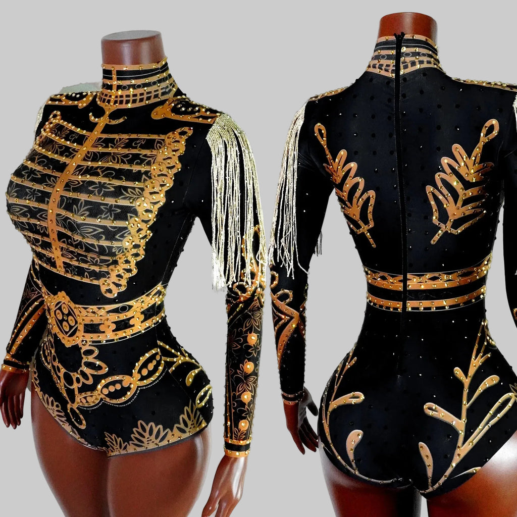 Luxe Black & Gold Diamond Embellished Fringe Bodysuit – Stage Performance Edition
