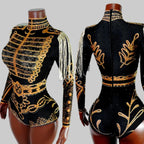 Luxe Black & Gold Diamond Embellished Fringe Bodysuit – Stage Performance Edition