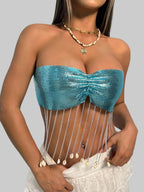 Sequin Shell Tassel Chain Tube Top - Backless Bandage Crop Top