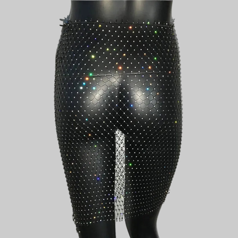 Rhinestone Fishnet Grid Midi Skirt - Sheer Empire Waist Skirt