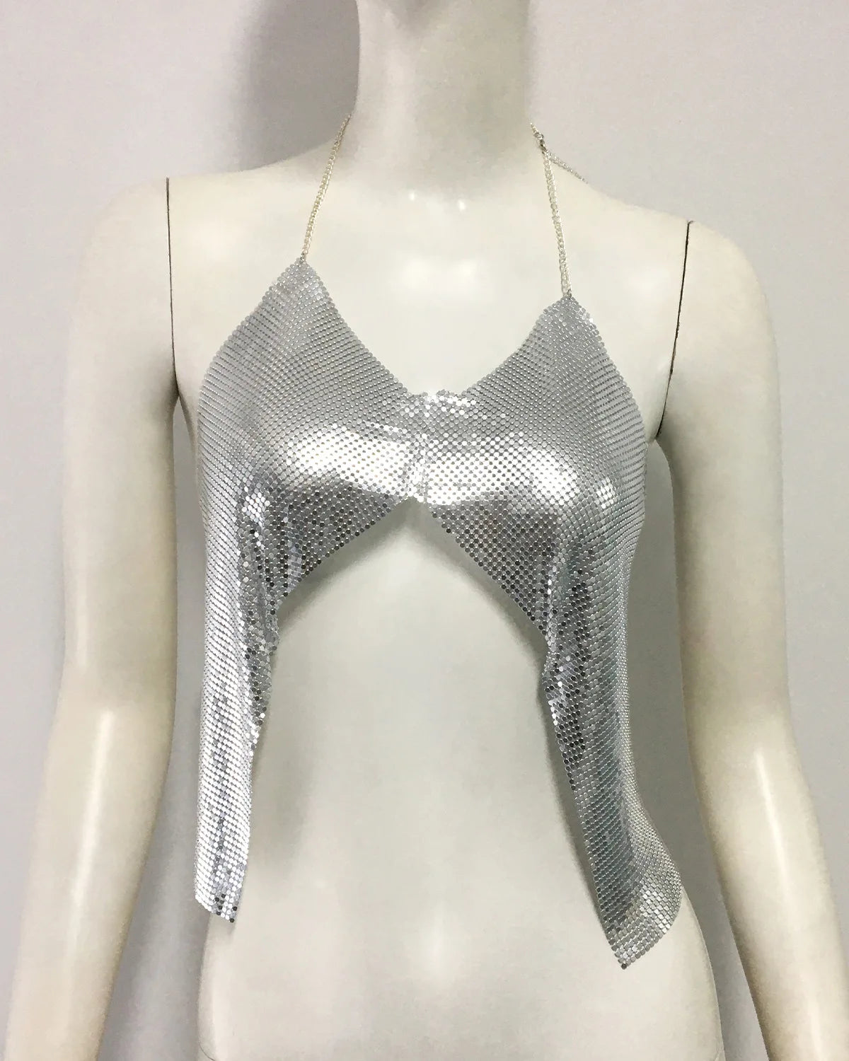 Metal Sequin Halter Crop Top - Deep V Backless Festival Tank