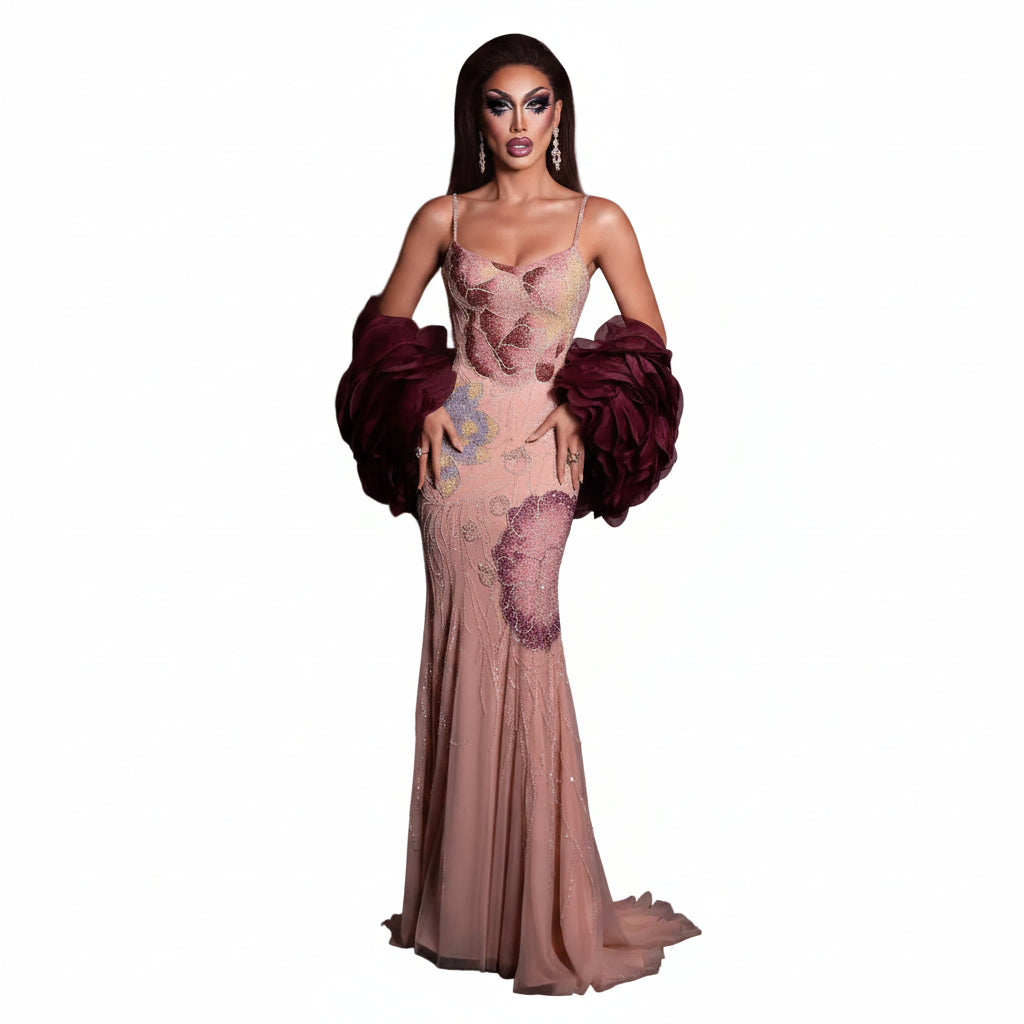 Pink Floral Beaded Mermaid Pageant Gown | Burgundy Cape