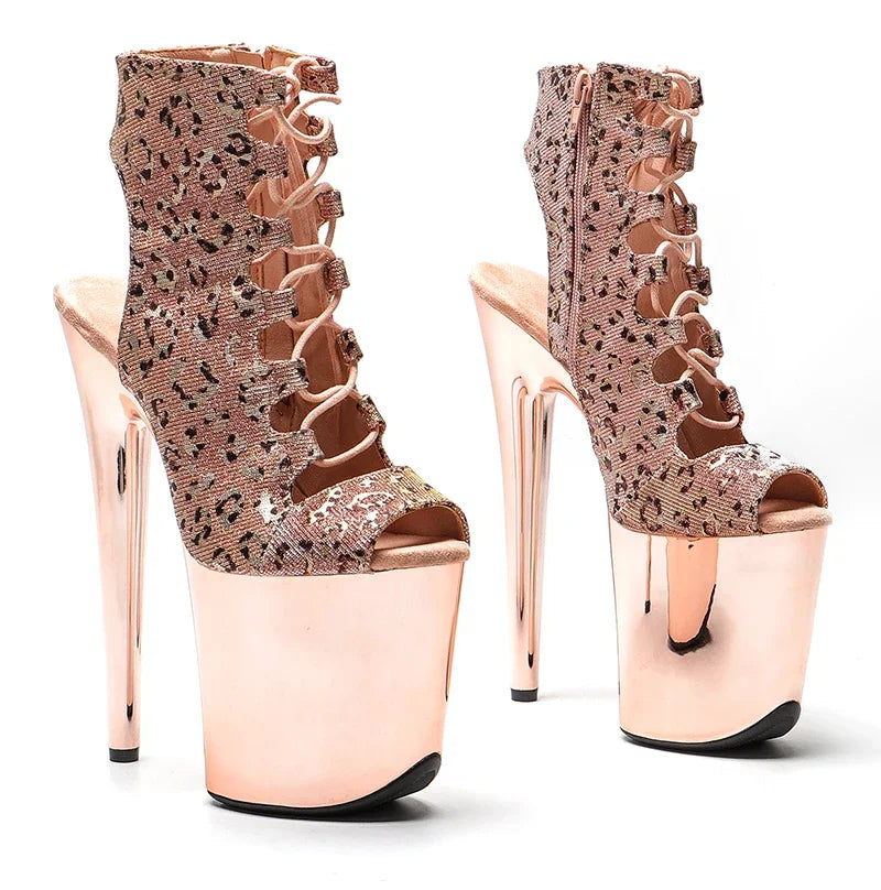 20cm Leopard Platform Pole Dancing Ankle Boots - 8 Inch High Heels
