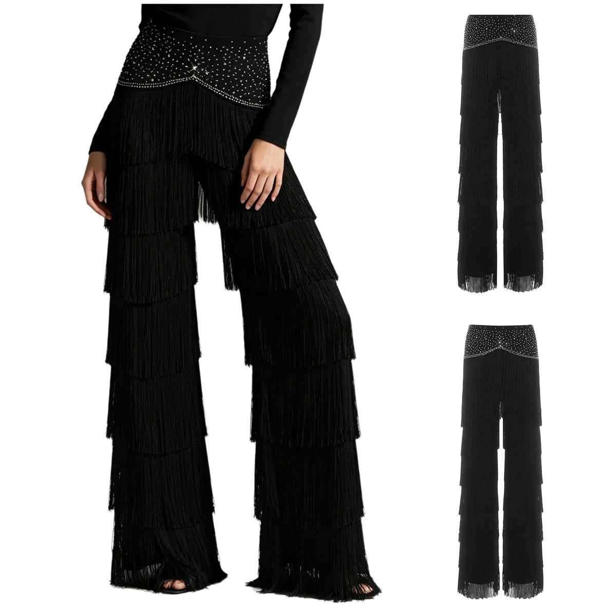 Fringe Tassel Latin Dance Pants | Rhinestone Waist | Straight Leg