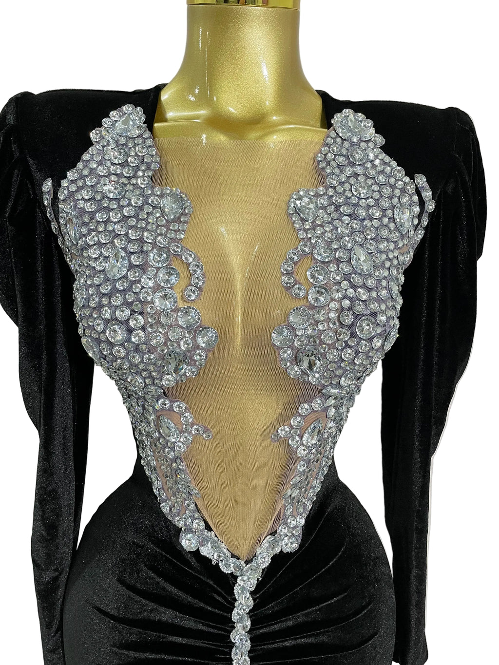 Crystal Deep-V Velvet Mini Dress | Long Sleeve | Stage
