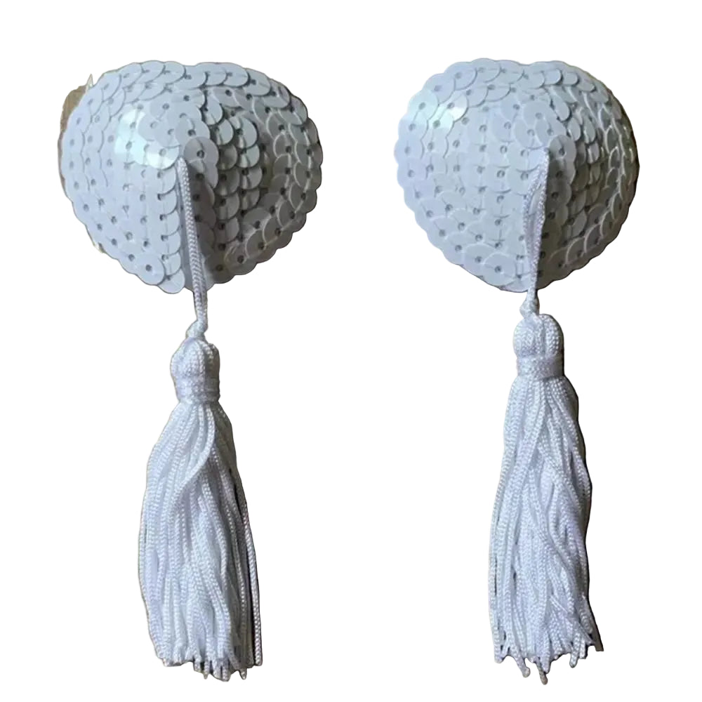Sequin Heart Tassel Nipple Covers - Reusable Self-Adhesive Pasties for Performers
