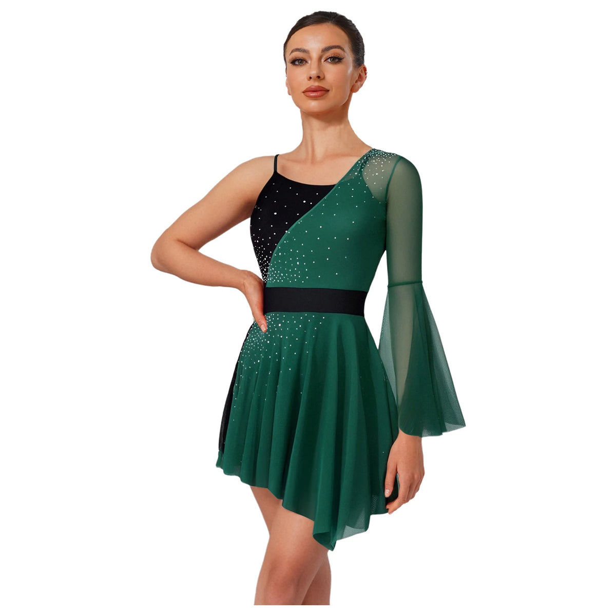 Women's Color-Block Flare Sleeve Dance Dress | Asymmetric Mesh Hem & Built-In Briefs