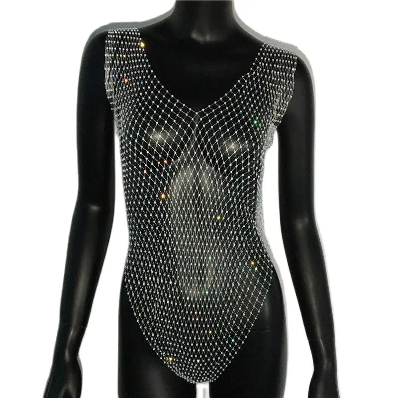 Rhinestone Fishnet Swimsuit Cover-Up - V-Neck See-Through Bodysuit