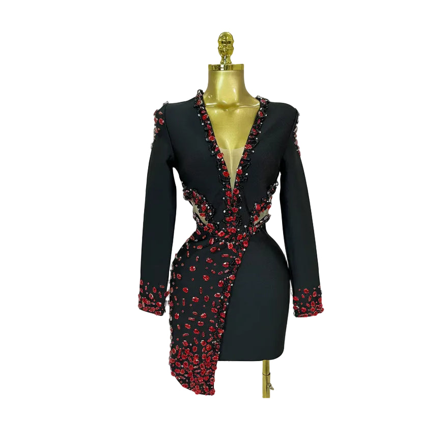 Rhinestone Trim Bandage Mini Dress | Long Sleeve | V-Neck