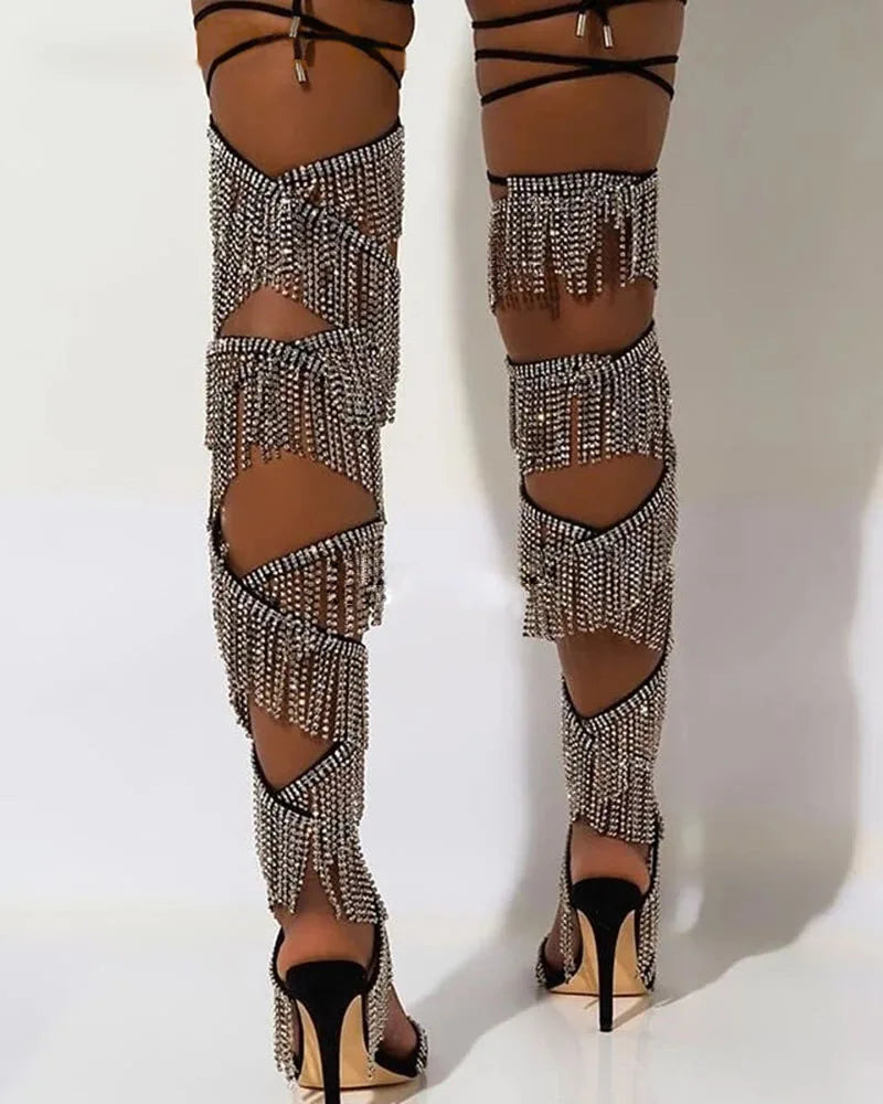 Rhinestone Chain Lace-Up Thigh Sandal Boots | Stiletto | 10cm & 12cm