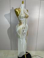Pearl Strand Mesh Gown | See-Through | High Neck | White