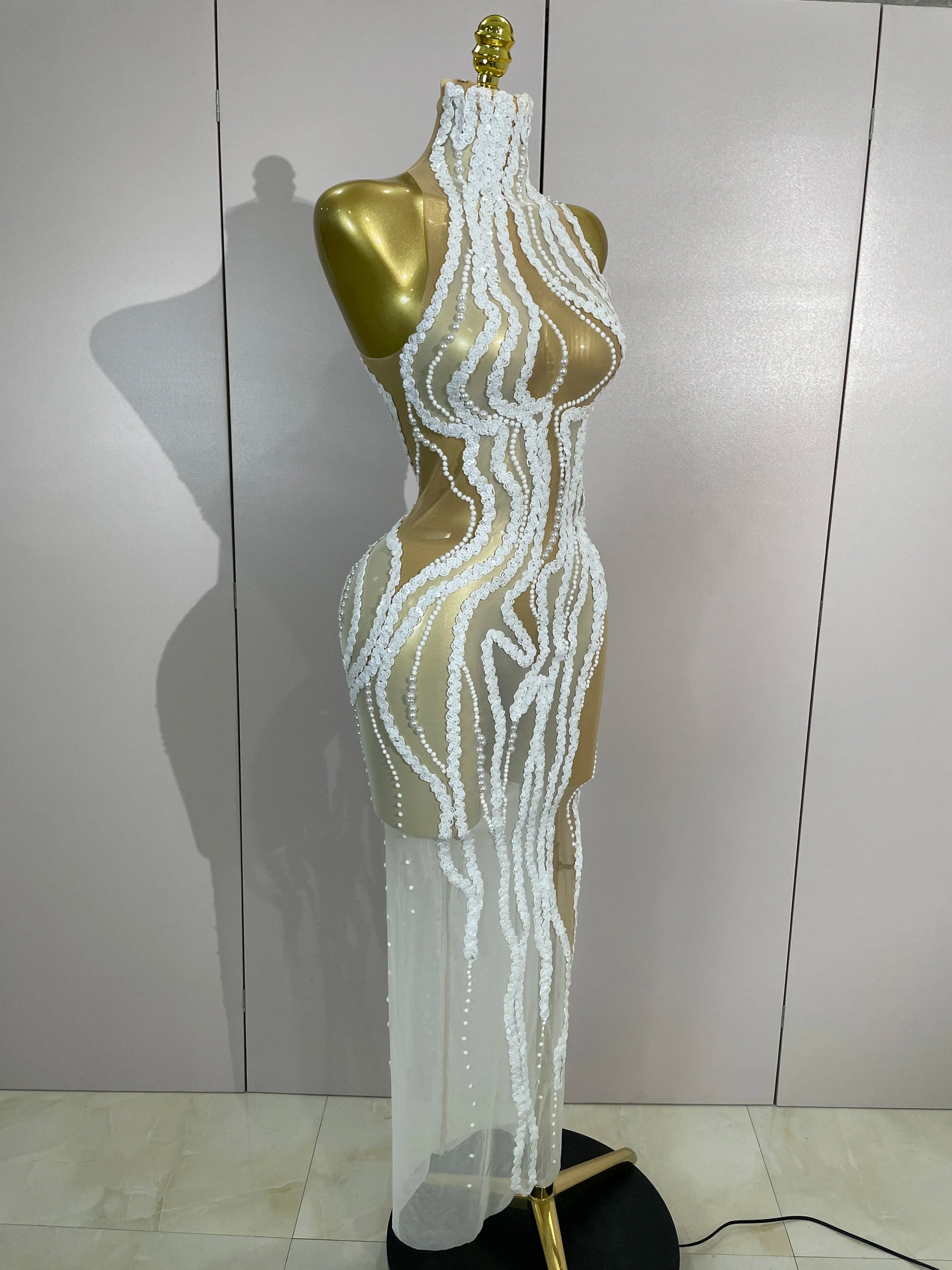 Pearl Strand Mesh Gown | See-Through | High Neck | White