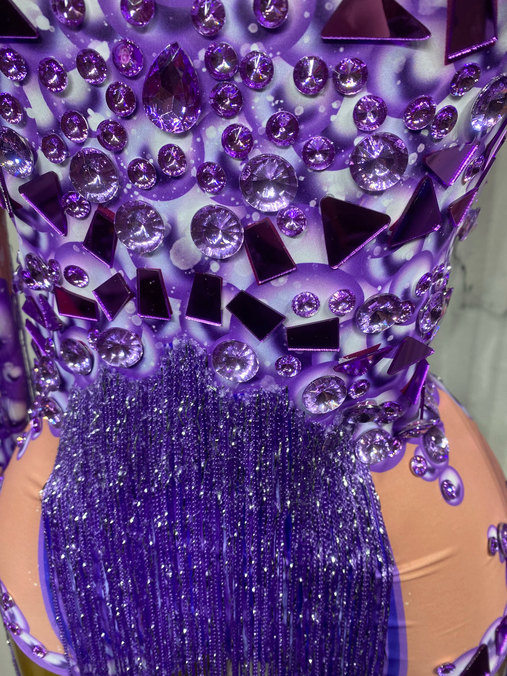 Rhinestone Fringe Bodysuit | 3D Floral | Purple & Red | S–XL