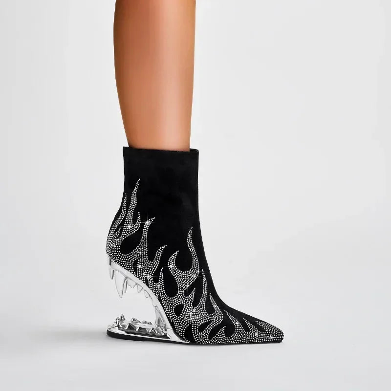 Flame Rhinestone Velvet Ankle Boots - Crystal Wedge Heel Boots