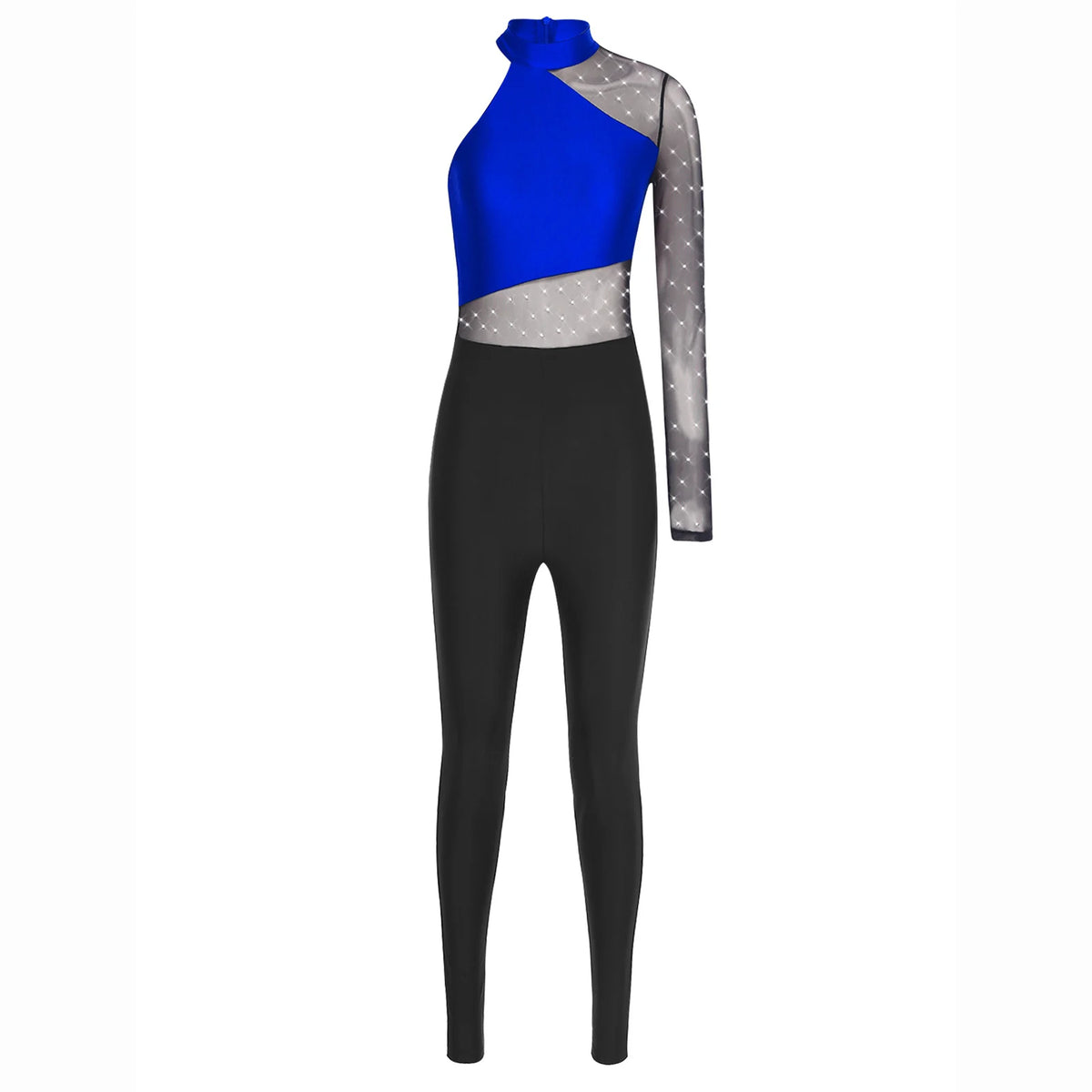 Women's Rhinestone Sheer Mesh Dance Jumpsuit | Mock Neck & One-Shoulder Styles | Gymnastics & Performance