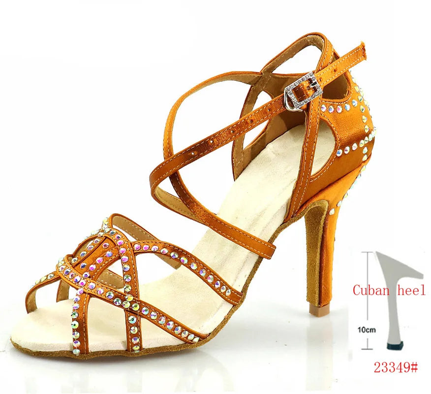 Bronze Rhinestone Latin Dance Heels | Satin | 5–10cm