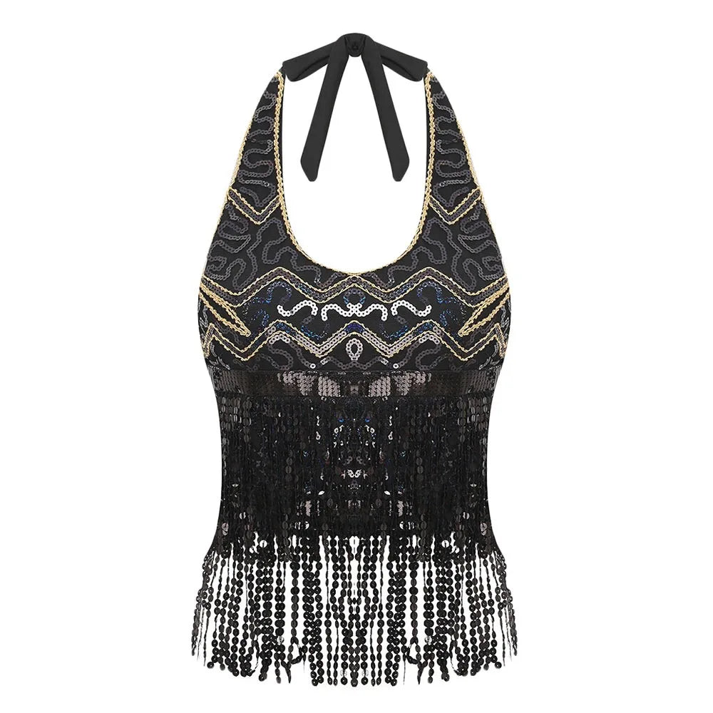 Sequin Fringe Halter Belly Dance Top | Built-In Pads | Festival & Stage | One Size