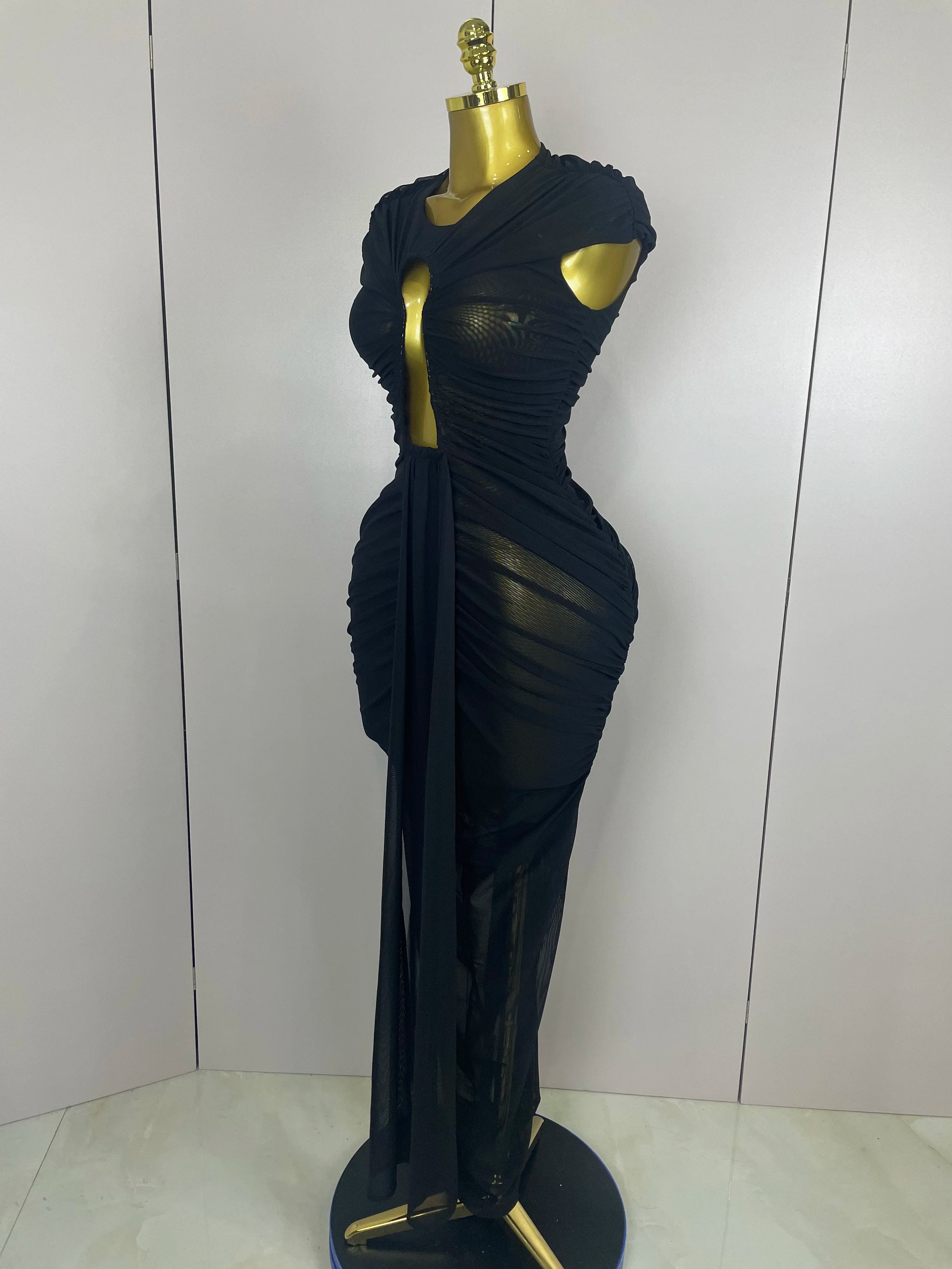 Mesh Bodycon Maxi Dress | O-Neck | High Slit | Stage
