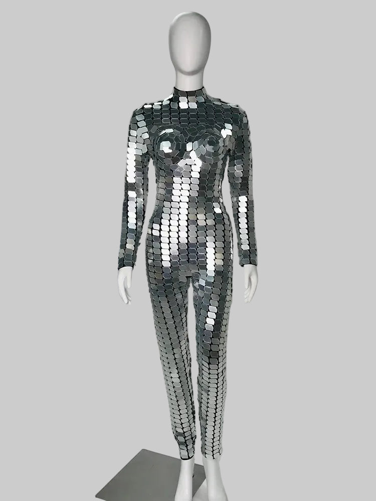 Silver Mirror Stage Costume - Futuristic Long Sleeve Bodysuit for Gogo Dancers & Showgirls