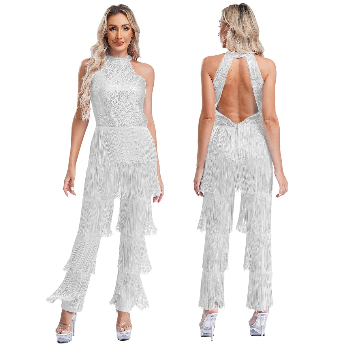 Sequin Tassel Jumpsuit | Halter Neck | Latin Dance