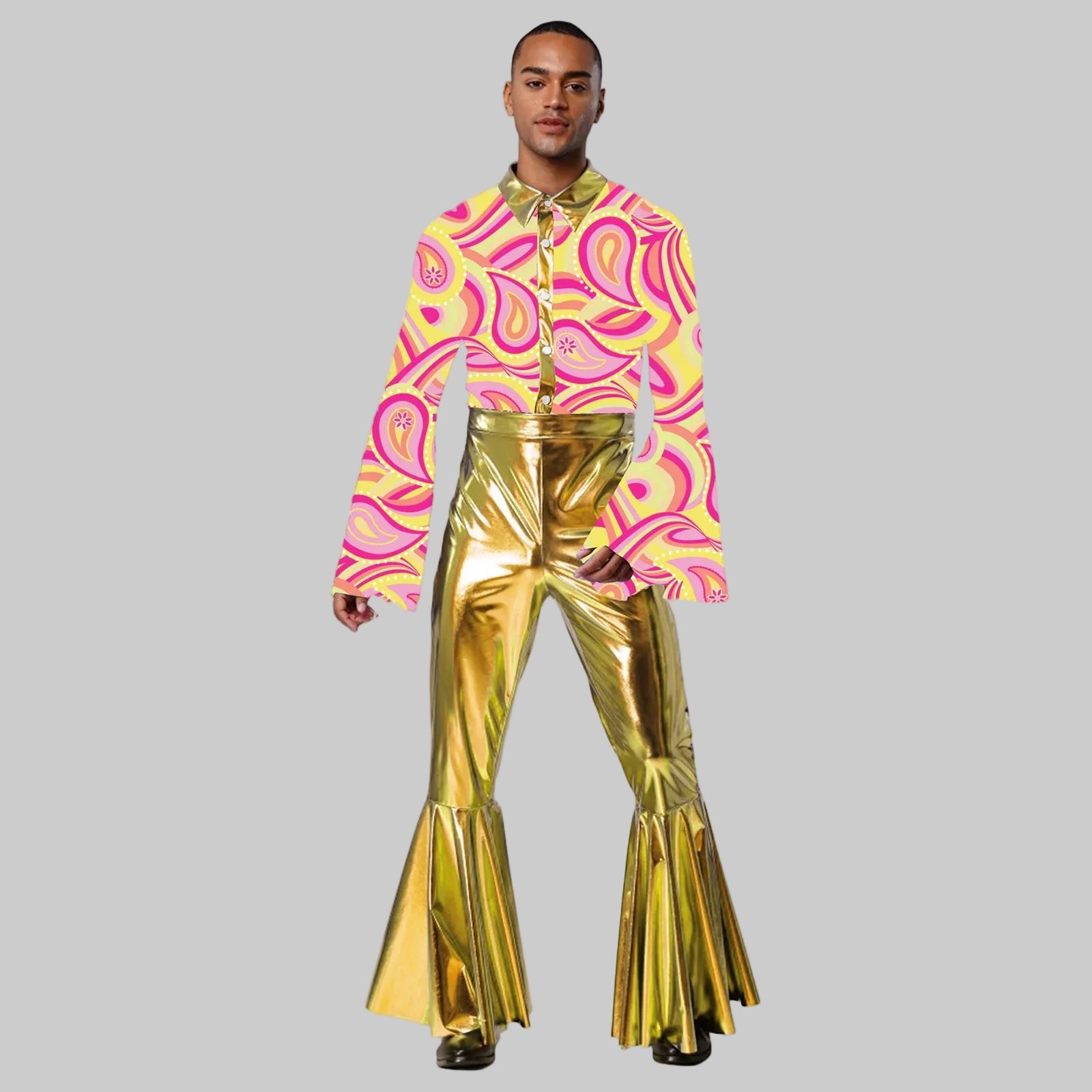 Men's Metallic Disco Jumpsuit - 70s Bell Bottom Performance Costume with Flared Sleeves