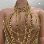 Gold Chain Sheer Mini Dress - Luxury See-Through Bodycon for Singers & Performers