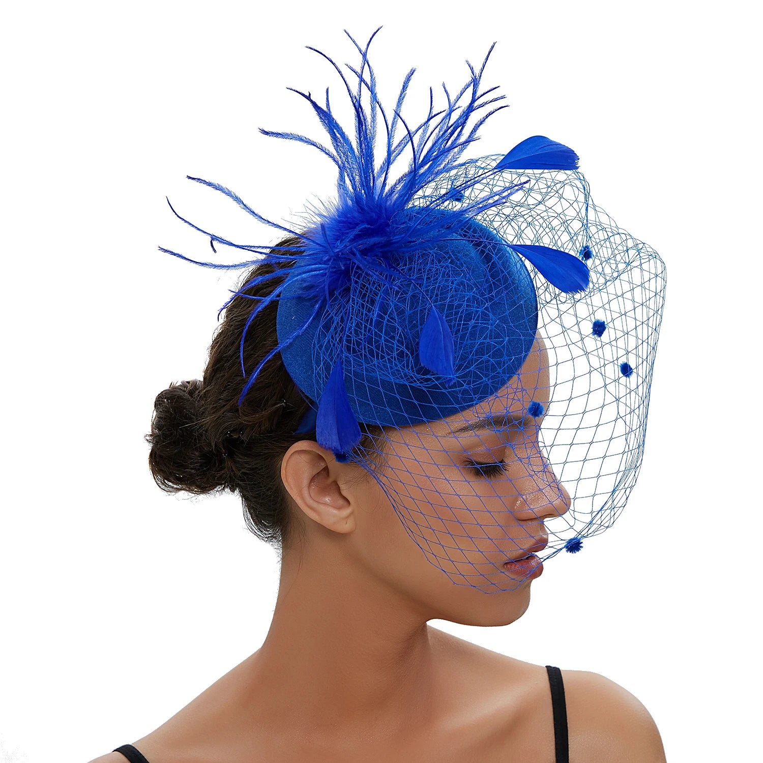 Pillbox Fascinator Hat | Fishnet Veil & Feather | 11 Colors