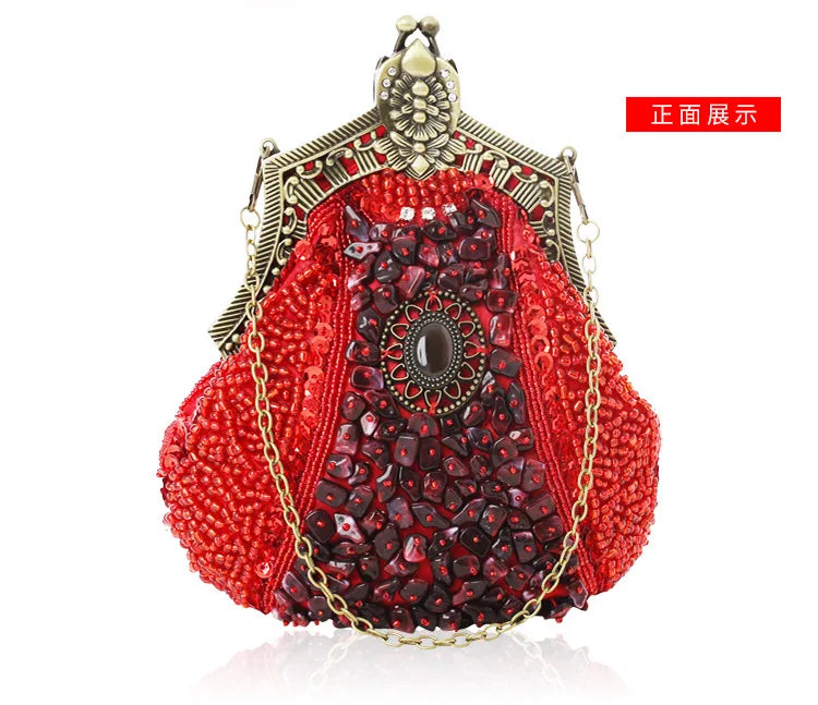 Retro Pearl & Sequin Beaded Clutch | Antique Gold Frame Bag