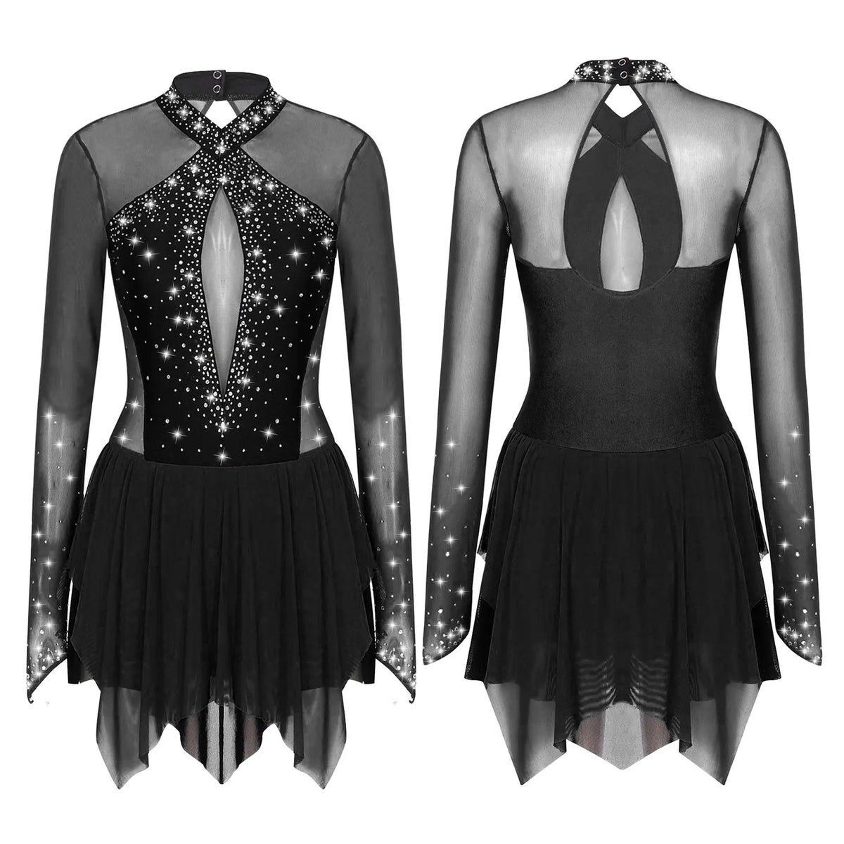 Rhinestone Mesh Skating Dress | Long Sleeve | Backless