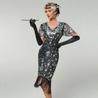 1920s Beaded Sequin Fringe Flapper Dress | Short Sleeve | A-Line