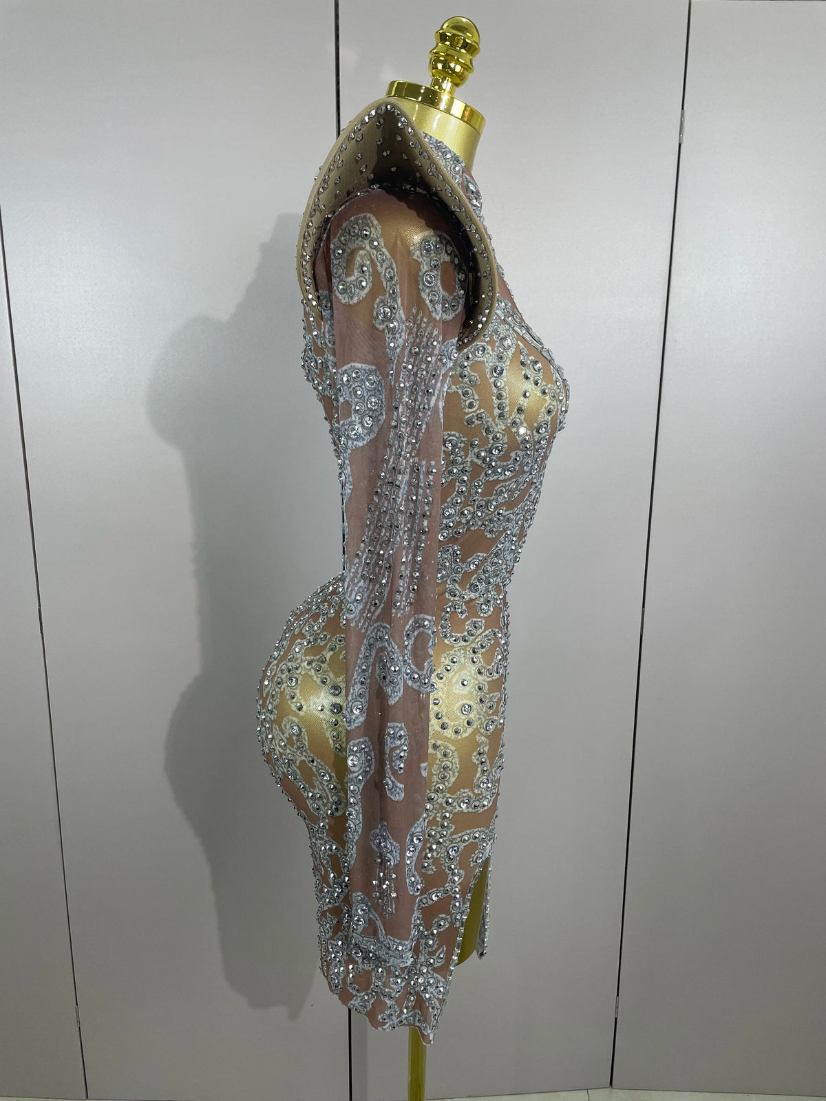 Rhinestone Mesh Mini Dress | Long Sleeve | Singer Stage
