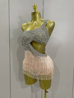 Rhinestone Mesh Bodysuit & Tassel Skirt Set | With Gloves | S–XL