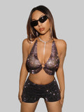 Rhinestone Fishnet Corset Crop Top - Sheer Halter Neck Tank